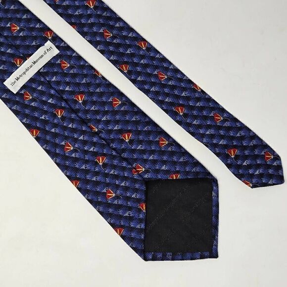 METROPOLITAN MUSEUM OF ART SILK TIE BLUE RED ABSTRACT FOULARD 3.75" X 59" - Picture 2 of 2